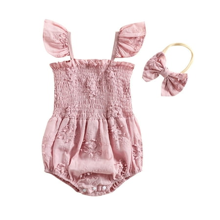

LWXQWDS Baby Girl Cotton Linen Bodysuit Romper Floral Pleated Tops with Headband