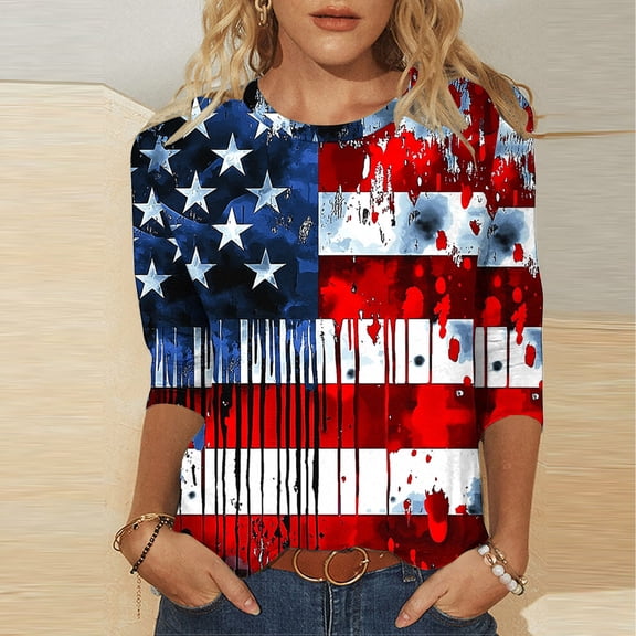 Mifsaly Independence Day T Shirt Women 3/4 Sleeve Crewneck Patriotic Shirts 4Th Of July Graphic Cotton Tee 2026 L