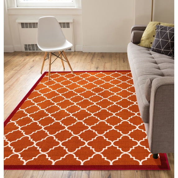 Well Woven Non-Skid Slip Rubber Back Antibacterial 5x7 (5' x 7') Area Rug Dallas Moroccan Trellis Rust Red Modern Geometric Lattice Thin Low Pile Machine Washable Indoor Outdoor Kitchen Entry