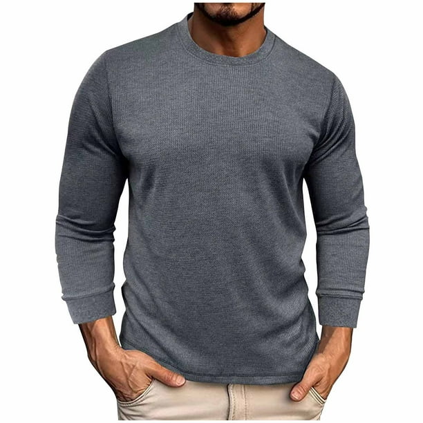 Blusas y camisas de manga larga con cuello redondo para hombre, moda de alta elasticidad, ocio, color sólido, cuello redondo, camisa de manga larga fácil, abrigo de poliéster para hombre