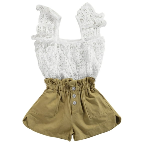 MHZLDYZ Kids Summer Clothes Summer Girls' Lace Strap Shorts Set Solid Color Small And Medium Children's Lace Hollow Strap Two Piece Set Girls' Short Sets 6T Girls Clothes Girls Short Sets(White,130)