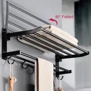 HUIMART Foldable Towel Rack for Bathroom with Towel Bar 24" 2 Tier Metal Towel Holder Wall Mounted, Black