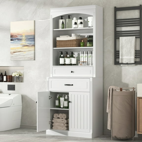 Soges Wooden Bathroom Storage Cabinet, Freestanding Storage Cabinet with Two Doors, Drawers, Adjustable Shelf & Three Open Shelves,Modern Cabinet for Bathroom Living Room Kitchen, White