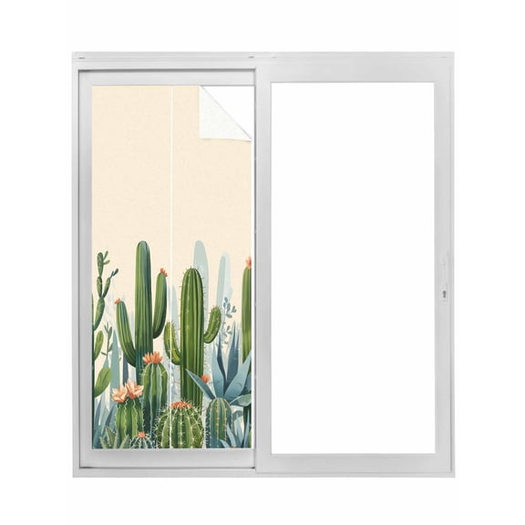 Green Cactus Window Privacy Film, Watercolor Summer Botanical Beige Static Cling UV Sun Blocking Tint Film Heat Control Windows Films for Bedroom Bathroom, Window Stickers 23.6"x59"