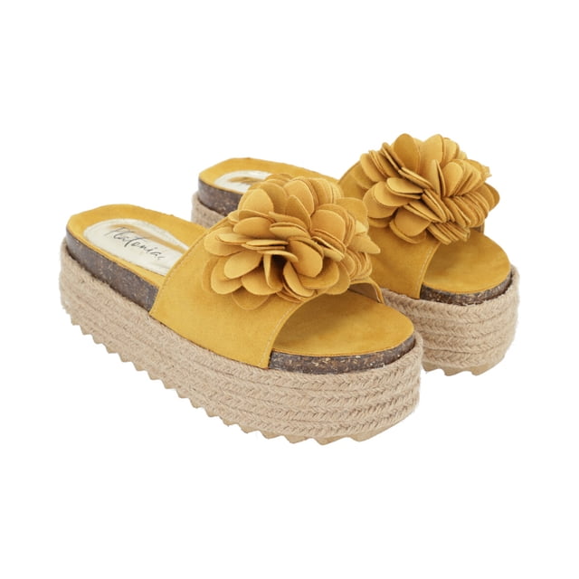 Sandalia Plataforma Yute Para Mujer Amarillo Ocre Con Flor Platonia MIRANDA-01-OCRE