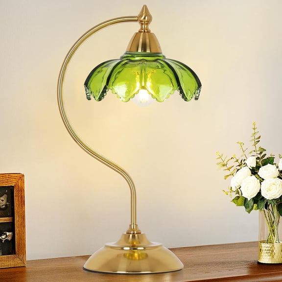 HIBIBUD Glass Beside Table Lamp for Bedroom,Plug in Gold Desk Lamp,Vintage Flower Nightstand Lamp,Table Lamps for Living Room,Small Desk Lamps for Home Office,Green Table Light