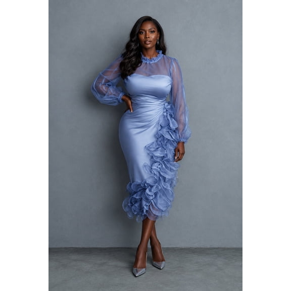 Women's Blue Ruched Pu Leather and Mesh Bodycon Fit with Midi Length Midi Dress with Long Sleeve