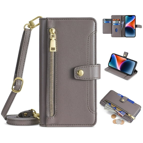 Mantto for iPhone 13 Pro Max Crossbody Wallet Case, 6 Card Slots Holder PU Leather Flip Cover with Shoulder Strap Lanyard & Wrist Hand Strap, Zipper Pocket Stand Magnetic Clasp Case, Gray