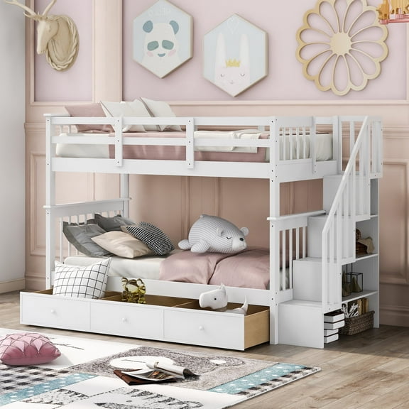 Kumix Bunk Bed with Drawers, Twin over Twin Bunk Bed with Storage Staircase Full Length Guardrail for Teens Adults, Wood Bunk Bed Able to Split, Noise-Free, White
