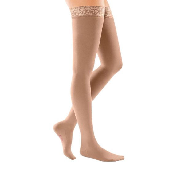 mediven comfort 20-30 mmHg Thigh High w/Lace Silicone Top Band Closed Toe Compression Stockings, Navy, III-Petite