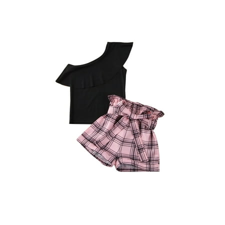 

FOCUSNORM 2PCS Kids Ruffles Off Shoulder Black T-shirt Tops Plaid Bow Shorts for Toddler Baby Girls Clothes Set