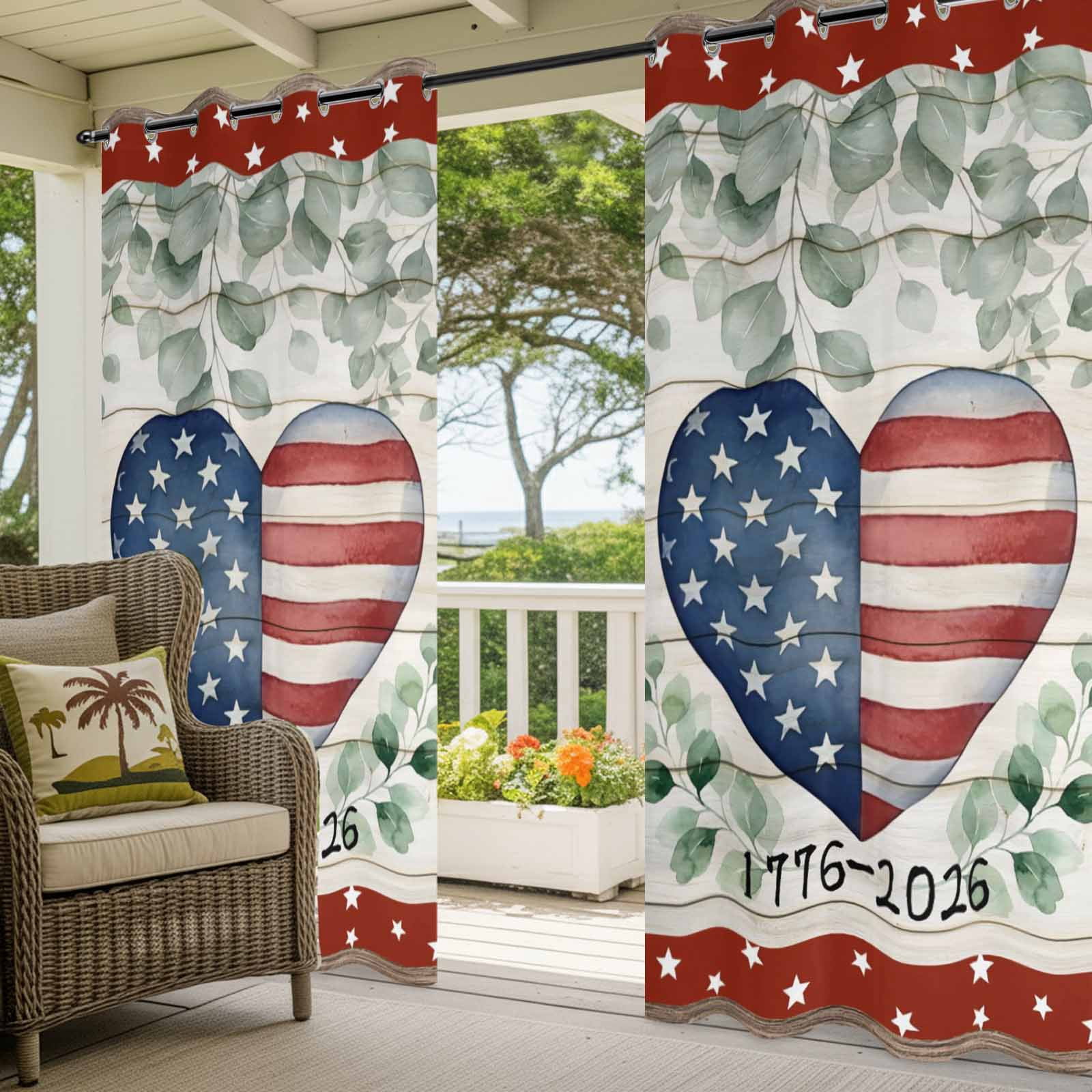 Independence Day Love Heart Outdoor Curtains for Patio, Red Blue Star Stripe Eucalyptus Leaves Sunshade Privacy Drapes Grommet Waterproof Outside Curtains for Porch/Cabana/Balcony 54"x 108", 1 Panel