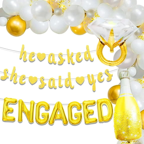 Engagement Party Decoration Set - Luxury Gold, Silver and White Foil Balloons and Heart-shaped Streamers for Scene Decoration Combo