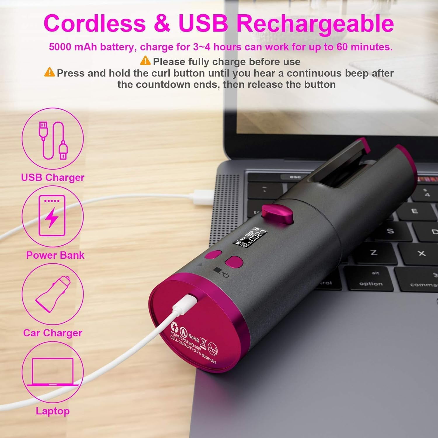 Wireless Auto Hair Curler with Adjustable Temperature and Timer, Automatic Cordless Curling Iron with LCD Display, Portable Rechargeable Rotating Fast Heating Hair Wand for Style