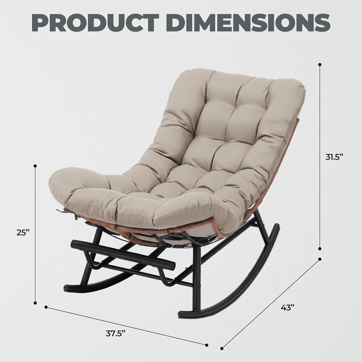 CLOUDREST PRO Outdoor Rocking Chair, Oversized Papasan Rocking Chair with Thick Cushion, Indoor Outdoor Cozy Rocker for Balcony, Living Room, Patio, Brown