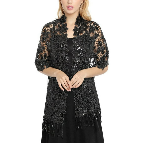 Elegant Women Embroidery Scarf Lightweight Cute Lovely Tassel Evening Dress Shawl Bridesmaid Wedding Cope Shawls Clothes Wraps Ladies Black