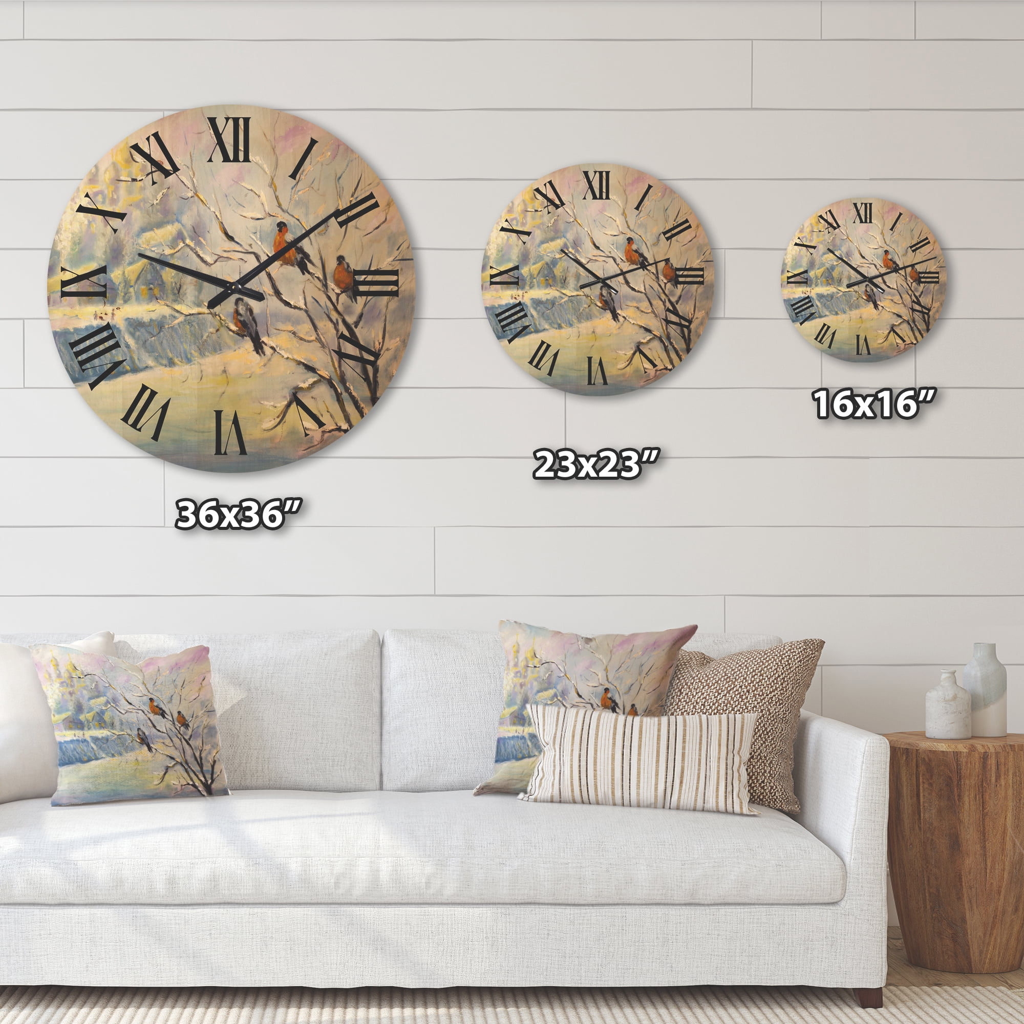 Designart 'Rustic Birds Sitting On A Tree In Winter Village' Farmhouse Wood Wall Clock