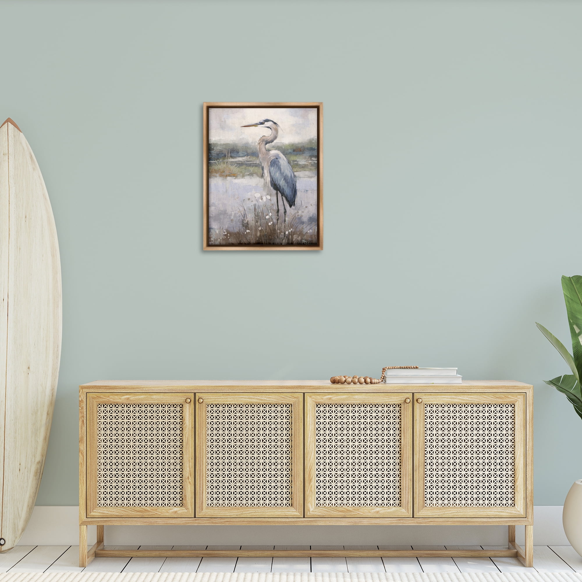 Stupell Industries Coastal Heron on Riverbank Landscape & Nature Painting Brown Floater Framed Canvas Art Print Wall Art, 25 x 31