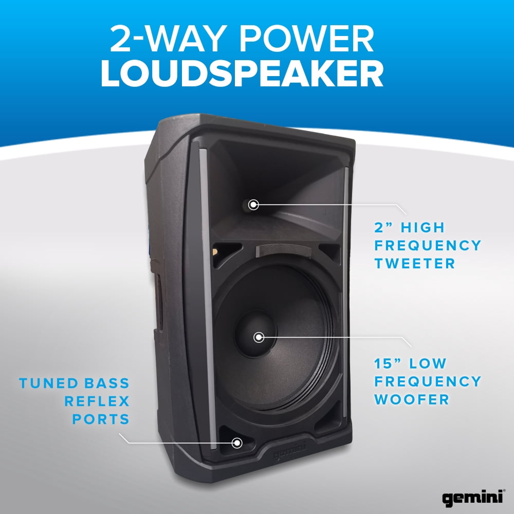 Gemini Sound GD-L115BT Powered LED Lit 1000W 2-Way Linkable Bluetooth PA Speaker with 3 Channel Mixer