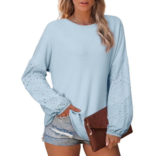 tarylea Hauts pour Femmes Col Rond Dentelle Manches Illets Chemises Manches Longues Décontracté Ample Quotidien Chandail