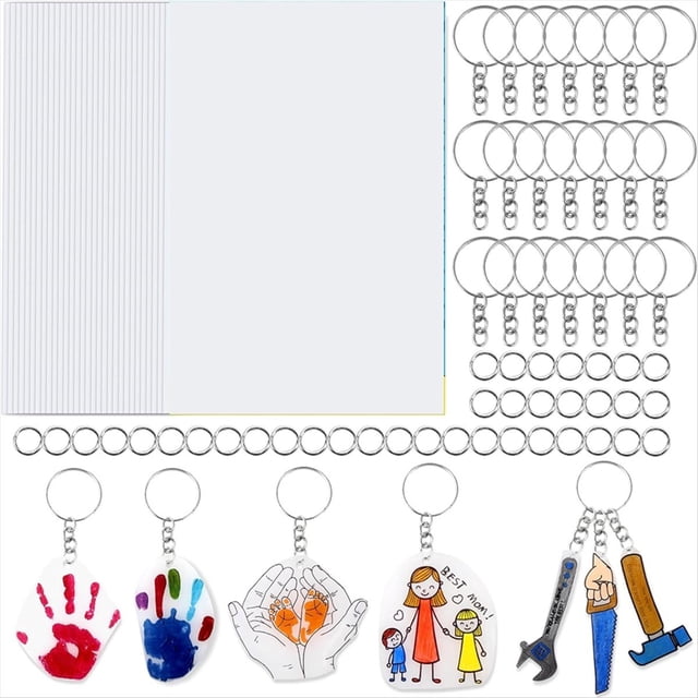 30PCS Shrink Plastic Sheets for Kids with 30 Keychains & 100 Jump Rings, Shrink Films Papers,for DIY Handprint Keychains,1 set fathers day craft