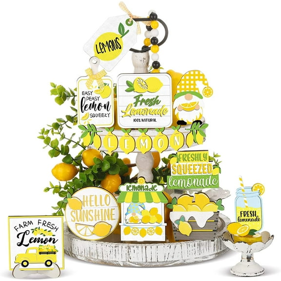Giyblacko Tier Tray Decoration Summer Lemon Tiered Tray Decor Set Farmhouse Summer Wood Sign Rustic Beach Tiered Tray Decorations For Home Kitchen Table Shelf Lemon