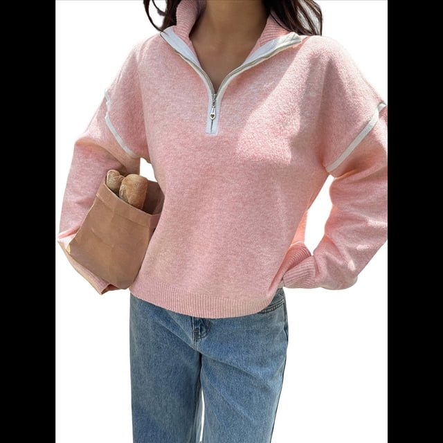 Suéteres Casuales con Cuello en V y Larga para Mujer, con Cremallera de un Cuarto, de Punto Holgado, con Bloques de Color y Cuello en V, para Otoño. Rosa L
