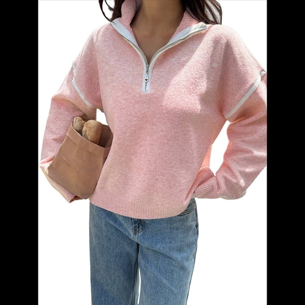 Suéteres Casuales con Cuello en V y Larga para Mujer, con Cremallera de un Cuarto, de Punto Holgado, con Bloques de Color y Cuello en V, para Otoño. Rosa L