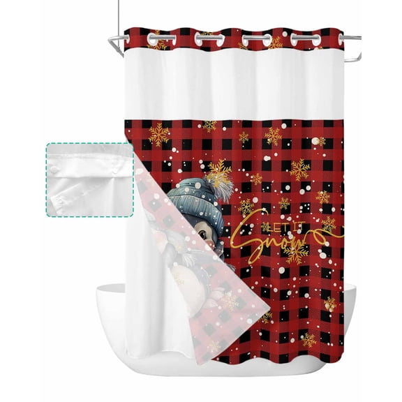 No Hook Shower Curtain with Snap in Liner, Christmas Penguins and Snowflakes Red Black Plaid Hotel Shower Curtains for Bathroom, Washable Shower Curtain Liner Set with Mesh Top Window, 72"x84"