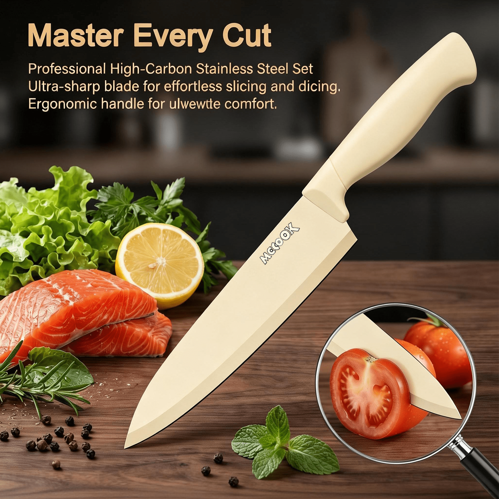MoCook Kitchen Knife Set, 16 Pcs Knives Block Set with Built-in Sharpener, Healthy Anti-Rust Coating & German Stainless Steel Knife Set, Dishwasher Safe Beige