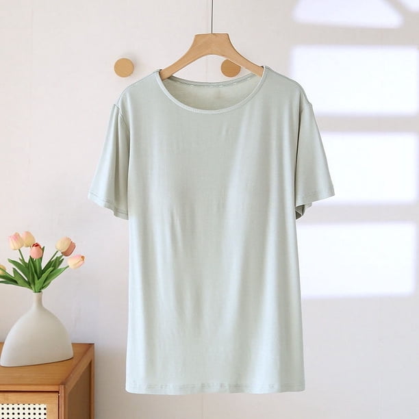 Pijama de manga corta para mujer, de moda, de color liso, con almohadilla para el pecho, sin aros de acero, ropa interior inferior, pijama de manga corta, top de algodón para mujer