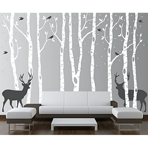 Birch Tree Wall Decal Forest with Snow Birds and Deer Vinyl Sticker Removable (9 Trees) #1161 (White Trees - Dark Gray Animals, 84" (7 ft) Tall)