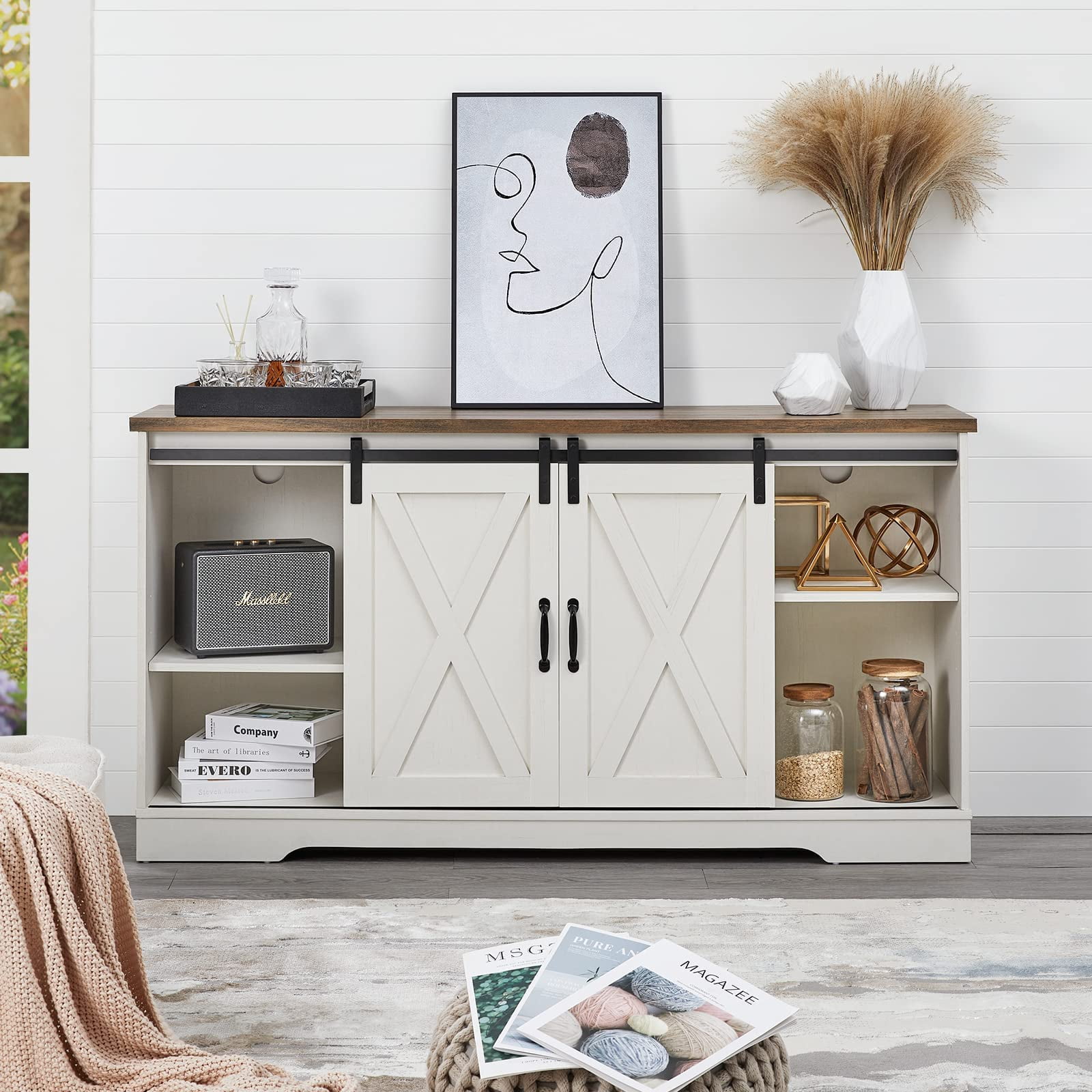 VANACC 59" Fireplace TV Stand Sliding Barn Door Wood Entertainment Center with a 23" Electric Fireplace Insert, Distressed White & Barnwood