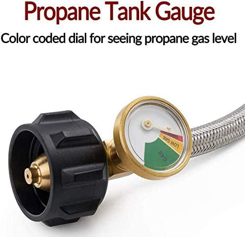 1/4 Inverted RV Propane Hose with Gauge，15 Stainless Steel Braided Propane Tank Pigtail Connector for Standard 2-Stage Regulator，CSA Certified Type 1 Connection for 5-40 LB Propane Tank，2 Pack 