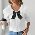 thumbnail image 2 of Cute Sweaters for Women Teen Girls with Bowknot Lapel/High Neck Long Sleeve Knitted Crop Plain Pullover Winter Tops (XL, White), 2 of 6