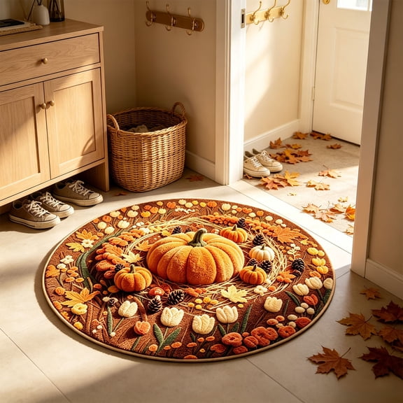 Fall Doormat Pumpkin Maple Leaves Square Skidproof Mat 23.62x23.62in Polyester Skidproof & Soft for Bathroom Kitchen Porch Entryway Thanksgiving Fall Doormat by MPOISVA