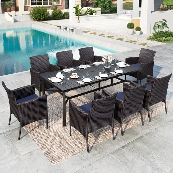 SUMMIT LIVING 9-Piece Wicker Outdoor Patio Dining Set with Navy Blue Cushions, Rattan Outdoor Chairs and 83” Patio Table with Umbrella Hole for 8 People, Black & Brown