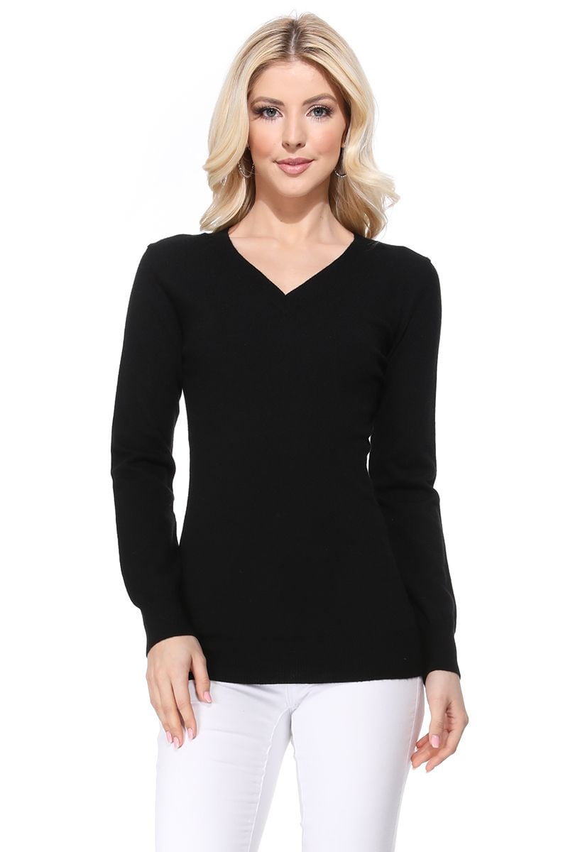 Yemak - YEMAK Women's Long Sleeve V-Neck Basic Soft Knit T-Shirt Pullover Sweater MK5501-Black-M 