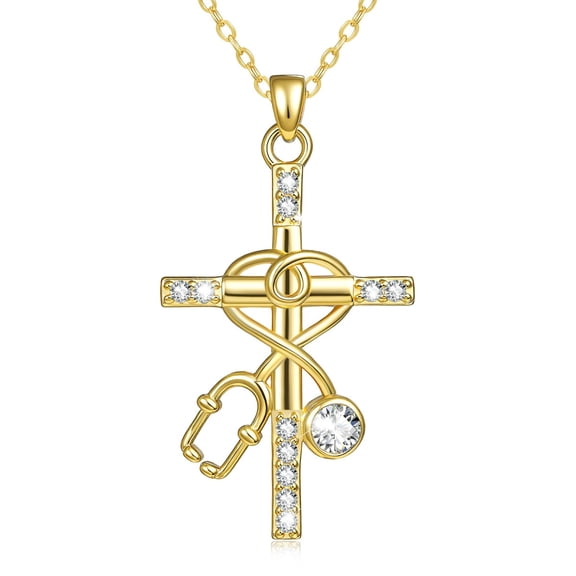 Women's 14K Gold Plated Cross Stethoscope Necklace, Birthstone Cubic Zirconia Medical Themed Daily Jewelry