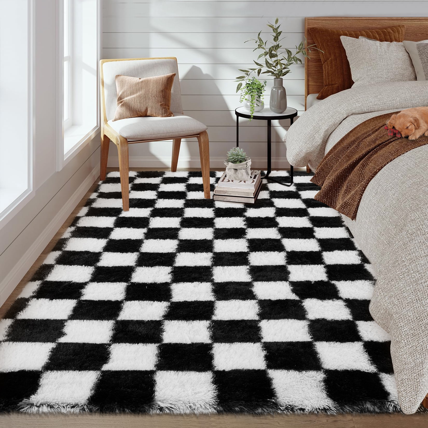 COZONY 8x10 Checkered Thick Area Rug, Large Ultra Soft Shag Plush Carpet for Living Room, Non-Slip Backing, Black