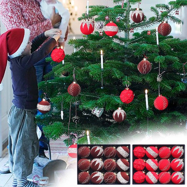 12 Bolas Navideñas de Terciopelo Flocadas, Adornos Navideños de Plástico, Adornos Colgantes Decorativos para Árbol de Navidad, Decoración de 3,15 Pulgadas
