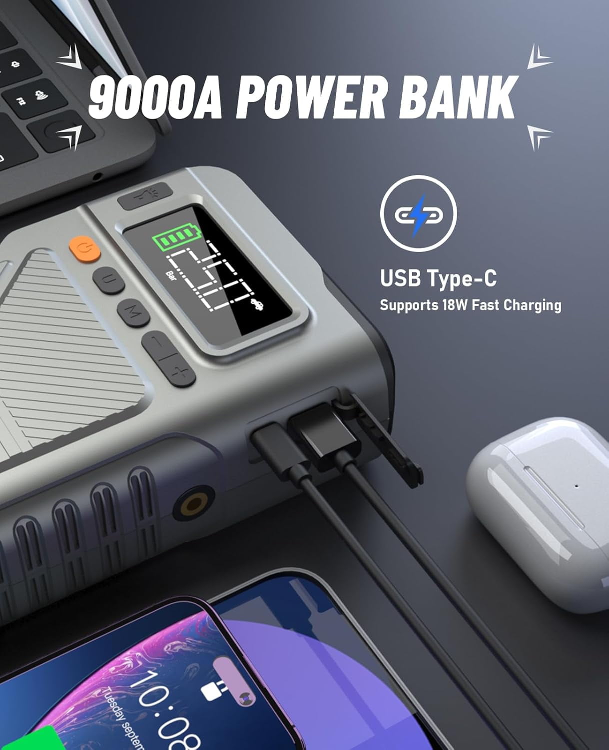 Pabulum 9000A Car Battery Jump Starter (for All Gas or up to 12L Diesel) Powerful Jumper Box with 150PSI Air Compressor and Smart Charger, 12V Vehicle Power Pack with Extended Cable and LED Light