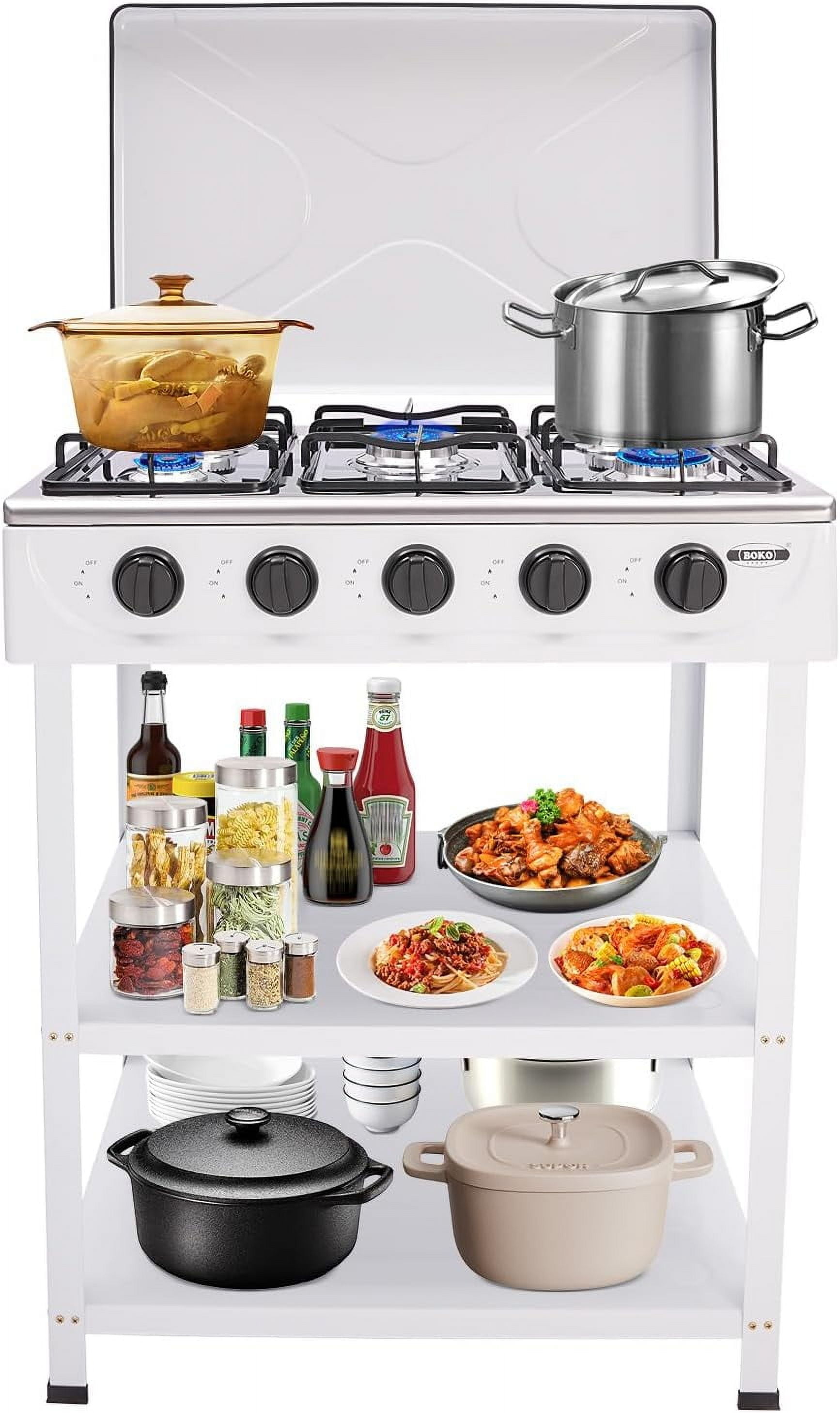 Portable Gas Stove, 5 Burners with Support Leg Stand and Wind Blocking Cover, Manual Ignition Camping Stove for RV, Backyard, Apartment Outdoor Cooking (White)