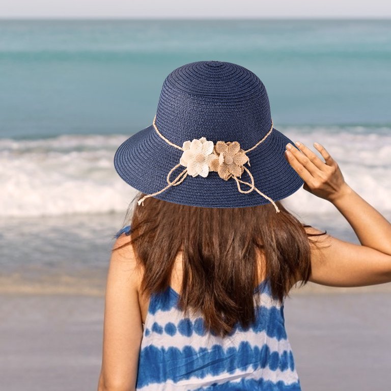 Bangcool Beach Sun Hat Foldable Flower Straw Wide Brim Beach Hat Summer Hat for Women, Women's, Size: One size, Blue