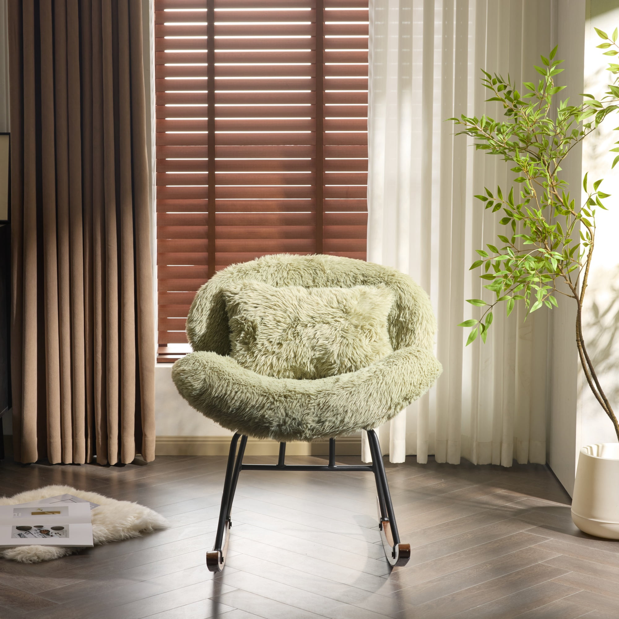 Zimtown Nursery Rocking Chair, Long Pile Fabric Upholstered Rocker Glider, Rocking Accent Chair with Wooden Frame for Living Room Bedroom, Green