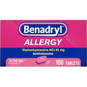 Benadryl Ultratabs Antihistamine Allergy Relief Medicine, Diphenhydramine HCl Tablets for Relief of Cold & Allergy Symptoms Such as Sneezing, Runny Nose, & Itchy Eyes & Throat, 100 ct