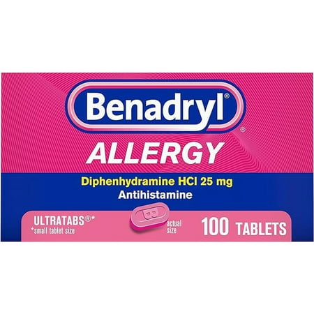 Benadryl Ultratabs Antihistamine Allergy Relief Medicine, Diphenhydramine HCl Tablets for Relief of Cold & Allergy Symptoms Such as Sneezing, Runny Nose, & Itchy Eyes & Throat, 100 ct