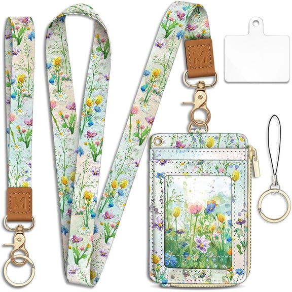 Flower Lanyard Wallet with ID Badge Holder, Small RFID Wallet Women Keychain Wristlet, Slim Credit Card Holder Case with Zipper Pocket Phone Lanyard Wrist Strap for Name Tag Office Teacher Gift
