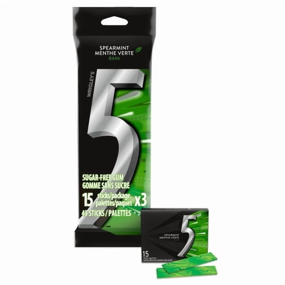 5 GUM, Spearmint-Rain Flavoured Sugar Free Chewing Gum, 15 Sticks, 3 Packs