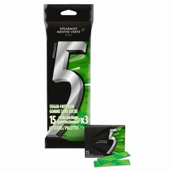 5 GUM, Spearmint-Rain Flavoured Sugar Free Chewing Gum, 15 Sticks, 3 Packs